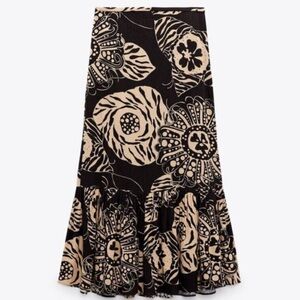 Zara Women’s Linen Blend Tropical Floral Print Midi Skirt Brown/Tan Size Large